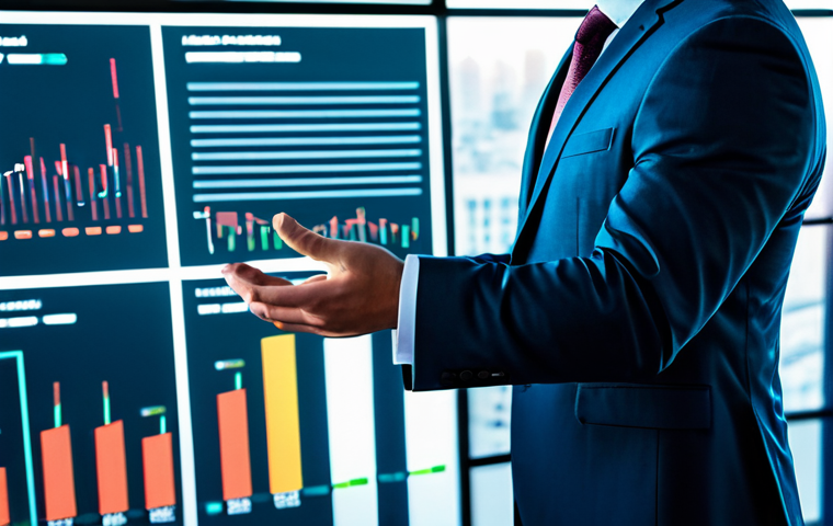A focused male professional in a sharp, modest business suit, standing and interacting with a transparent, holographic interface. The interface displays complex data visualizations of blockchain networks, financial charts, and smart contract flows. The setting is a clean, ultra-modern office with subtle futuristic design elements and large windows revealing a city skyline at dusk. Professional photography, high resolution, cinematic lighting, vibrant colors, detailed textures, fully clothed, modest clothing, appropriate attire, professional dress, safe for work, appropriate content, perfect anatomy, correct proportions, natural pose, well-formed hands, proper finger count, natural body proportions.