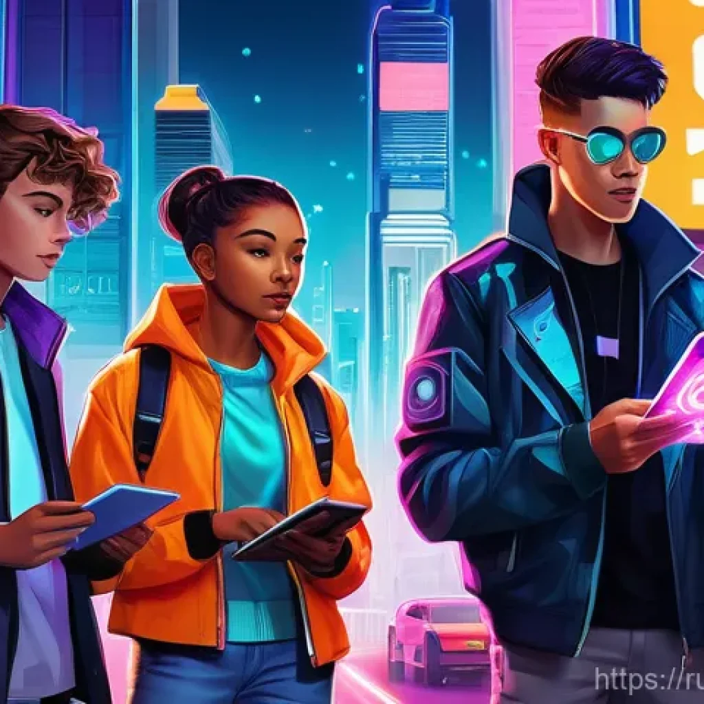 코인 에어드랍 참여 방법 - A vibrant, dynamic digital painting depicting a diverse group of young adults (late teens to early t...