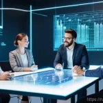 암호화폐 법적 규제 - **Prompt:** A dynamic scene featuring a diverse group of young professionals, approximately 25-35 ye...