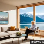 주식 ETF로 연금 준비 - A serene, middle-aged Russian couple, both around 50, are seated comfortably in their modern, tastef...