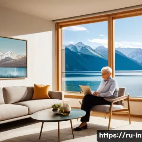 Home 11 주식 ETF로 연금 준비 - A serene, middle-aged Russian couple, both around 50, are seated comfortably in their modern, tastef...