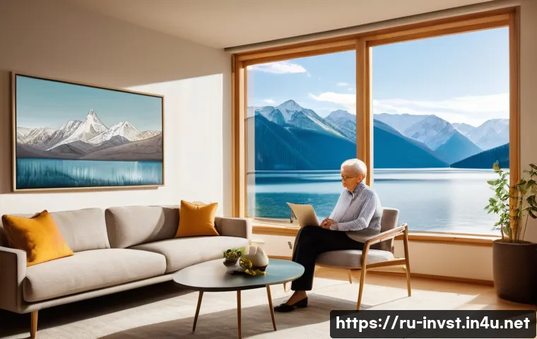 주식 ETF로 연금 준비 - A serene, middle-aged Russian couple, both around 50, are seated comfortably in their modern, tastef...